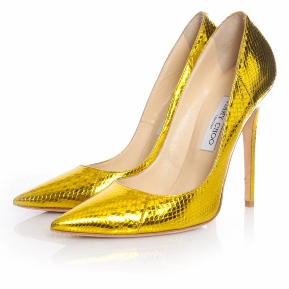 Jimmy Choo Anouk Metallic Gold Snakeskin Pointed-Toe Stiletto Pumps size 37